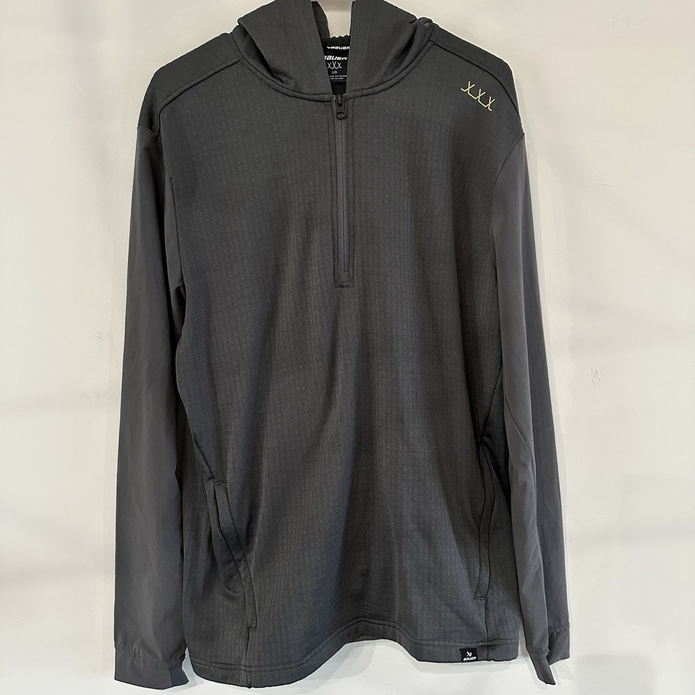 Men's Bauer Hockey FLC 1/4 Zip Hoodie Pullover Gray Large Logo Sleeve Fleece EUC